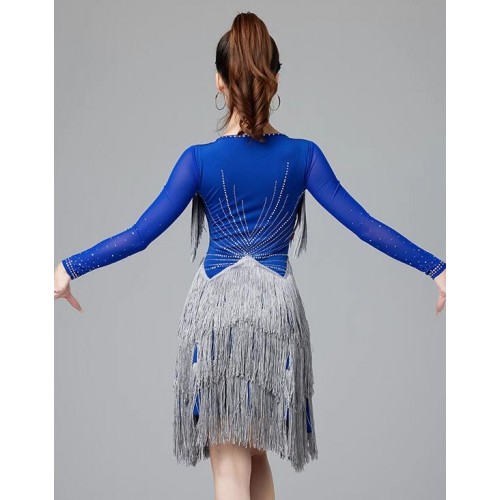 Black red royal blue with silver fringe competition latin dance dresses for women girls salsa rumba ballroom tango modern dance costumes for female